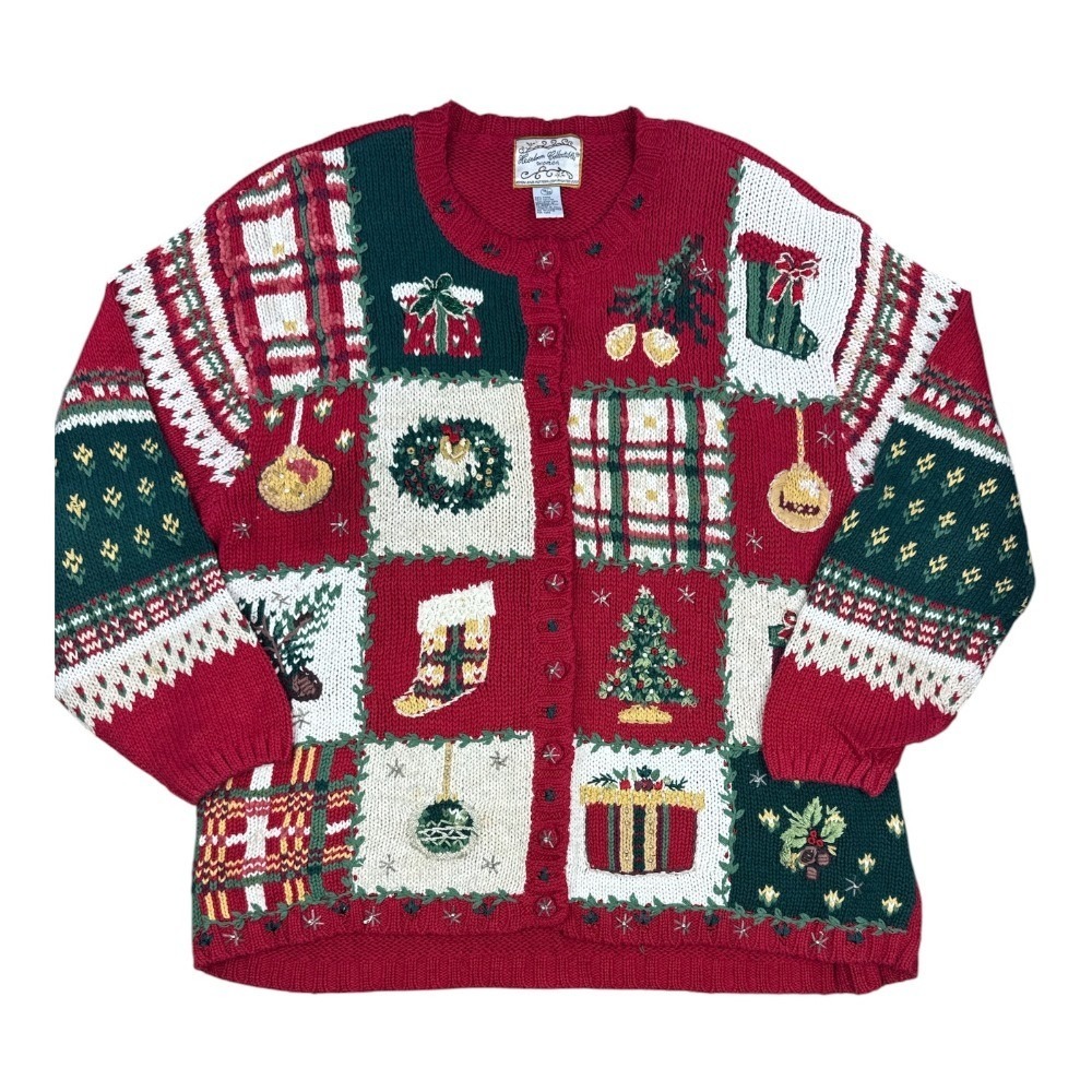 Heirloom Collectibles Vintage Christmas Patchwork Beaded Cardigan Sweater 18/20